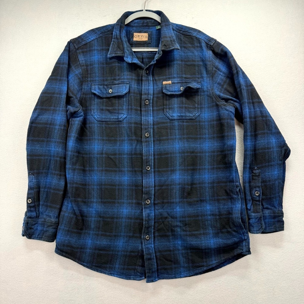 Orvis Flannel Shirt Jacket Mens Tall XL Blue Black Plaid Heavy Chamois Pockets
